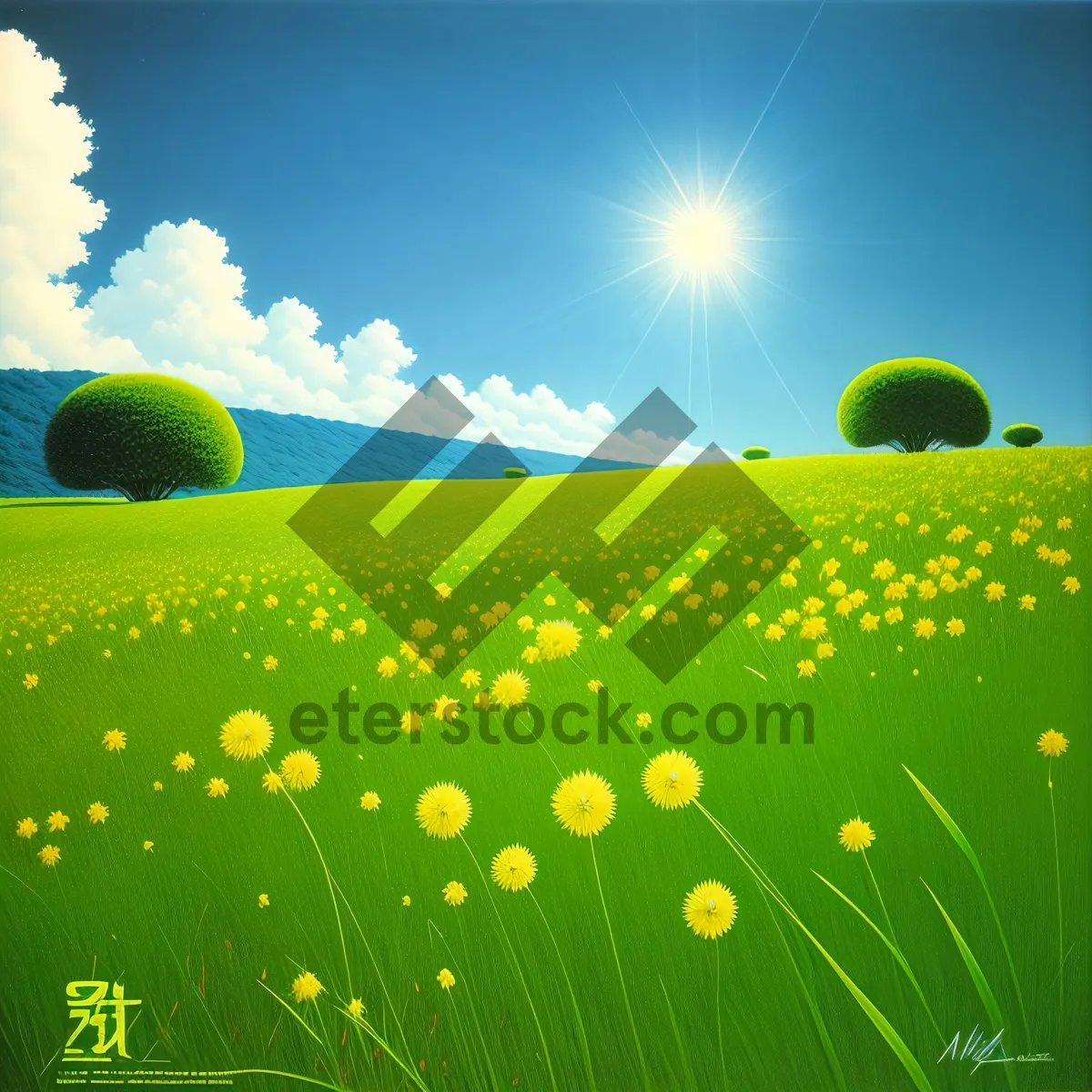 Picture of Vibrant countryside meadow beneath sunny sky.