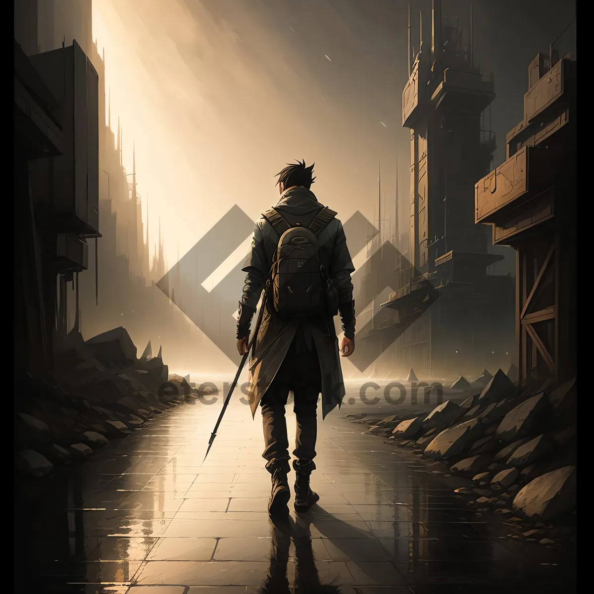 Picture of Silhouette of Man with Crutch at Sunset