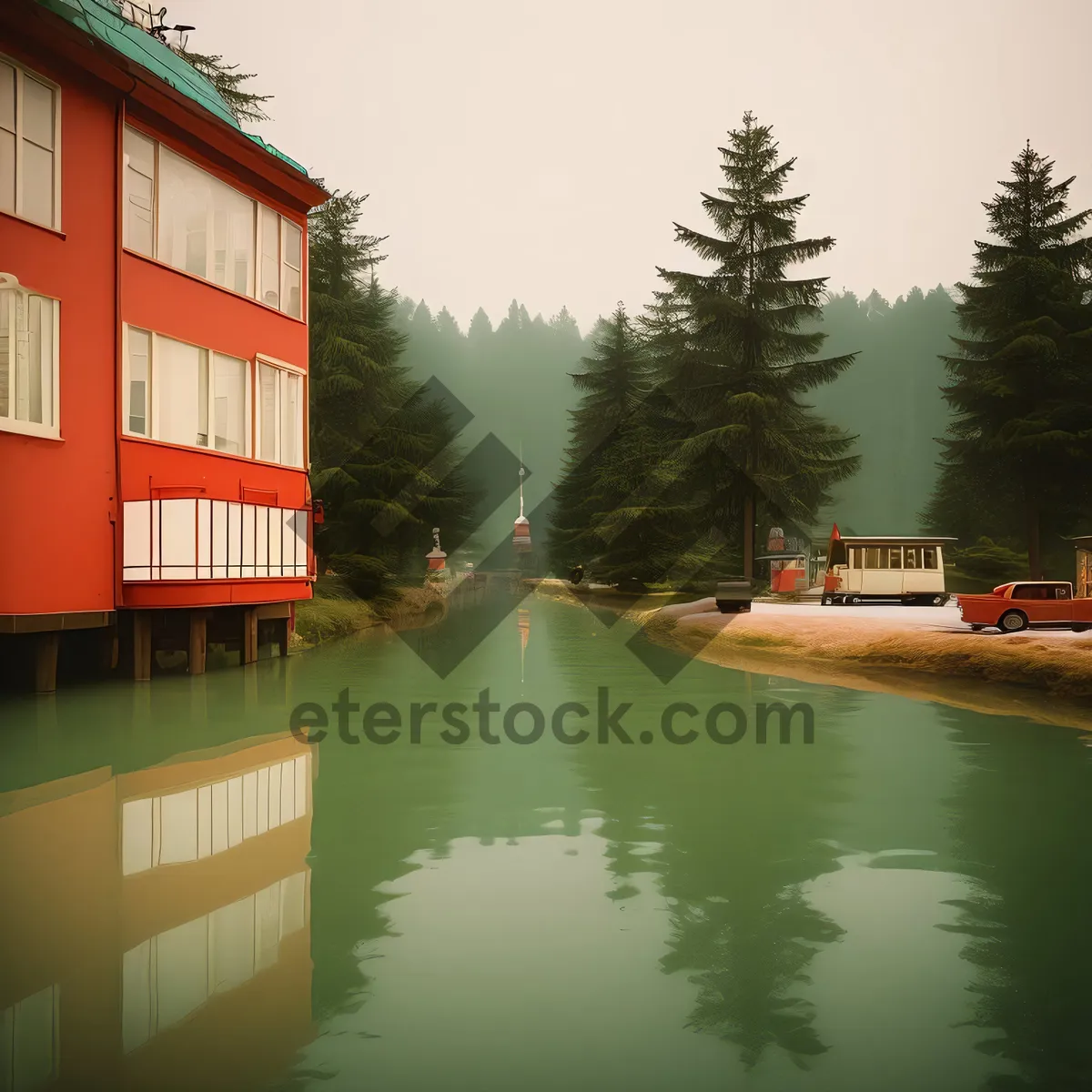 Picture of Old Dutch boathouse by city river bridge