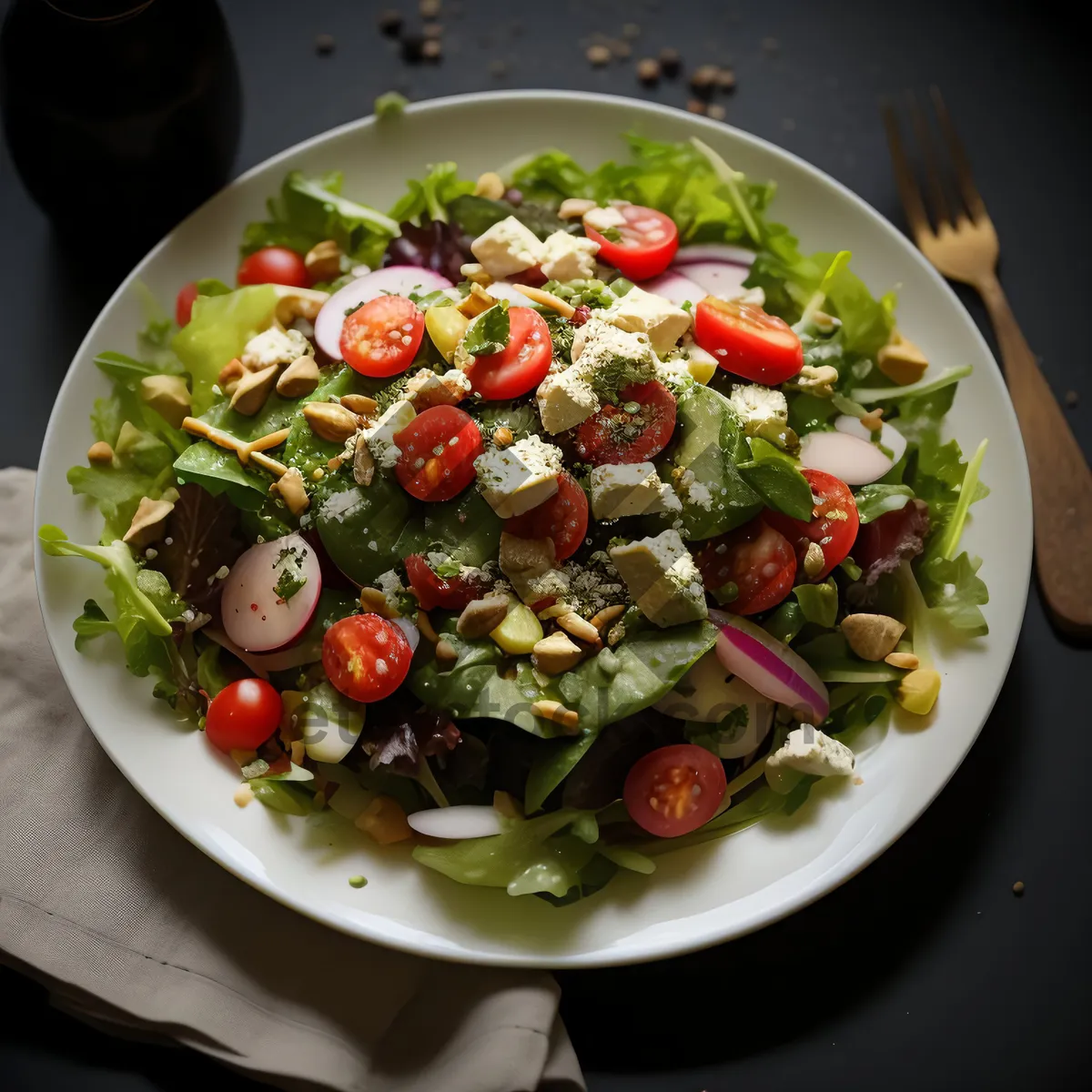Picture of Gourmet vegetable salad with cheese and tomato salsa.