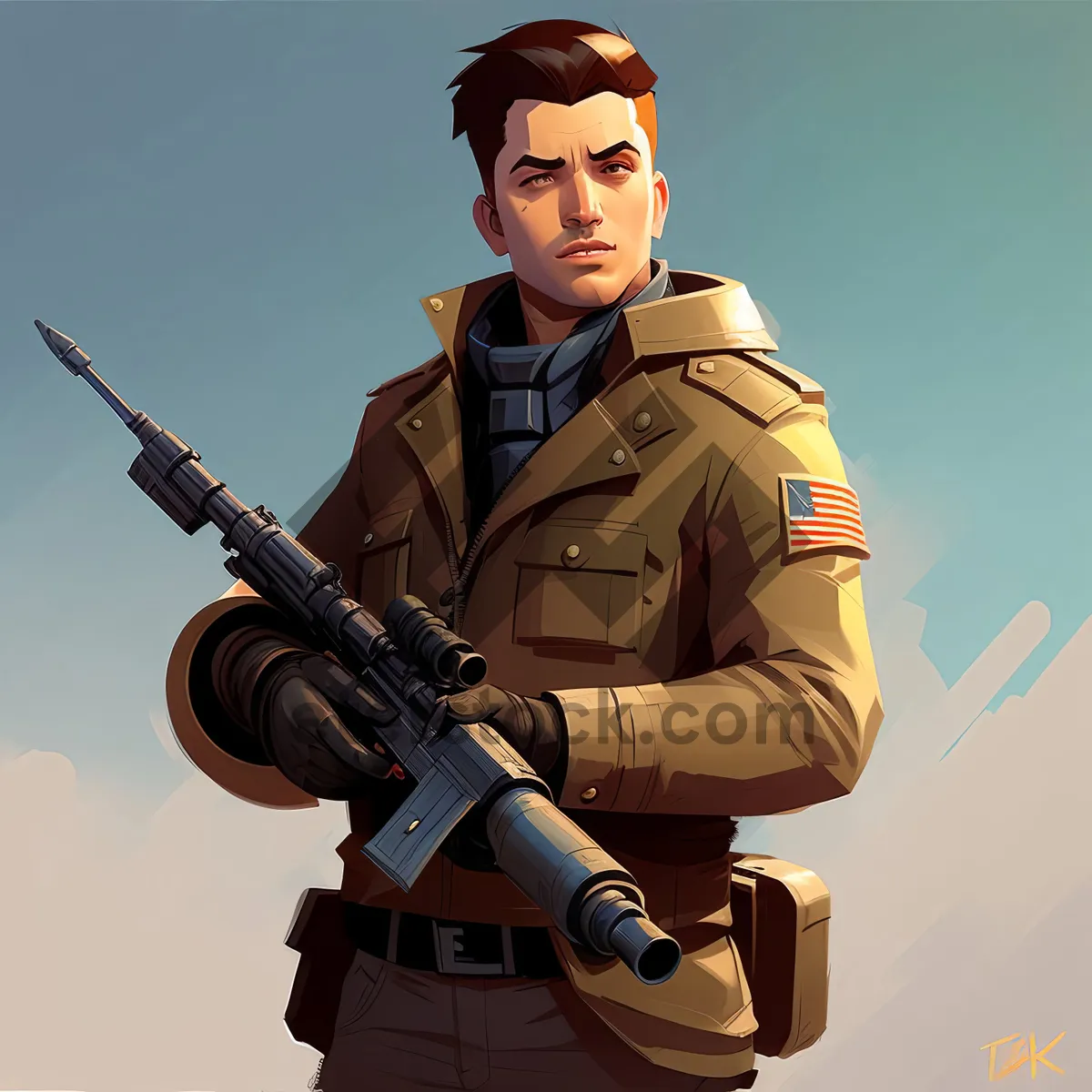 Picture of Incredible Businessman in Handsome Military Uniform Holding Rifle