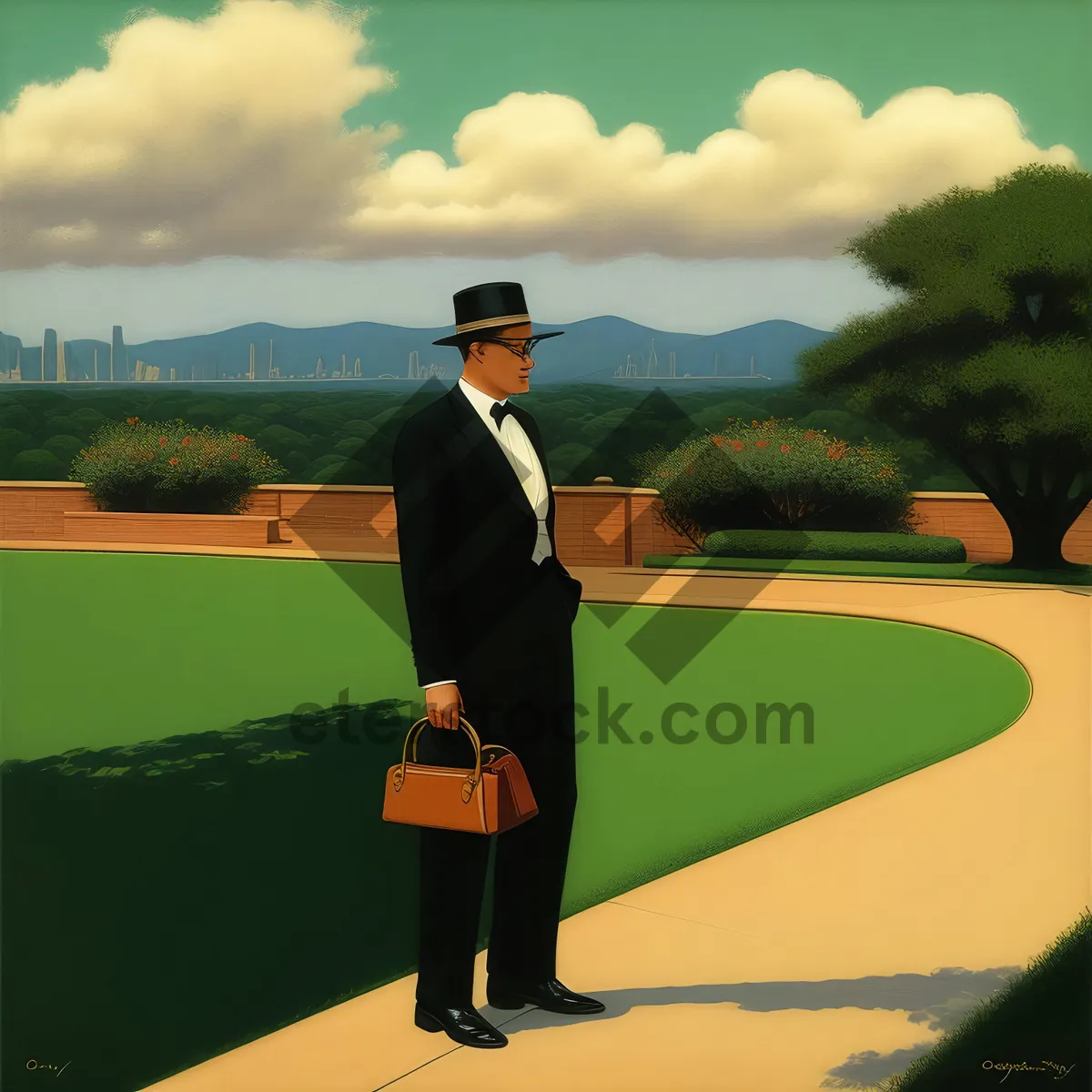 Picture of Successful Businessman Golfing in Skyline Landscape