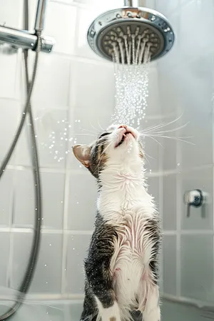 Attractive Adult with Long Hair in Shower Curtain