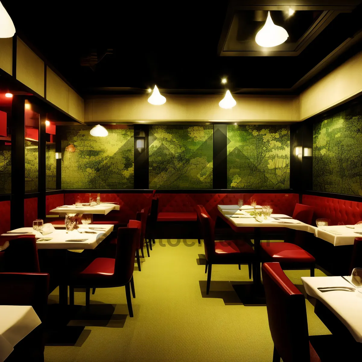 Picture of Modern luxury restaurant interior design with wooden furniture and chairs