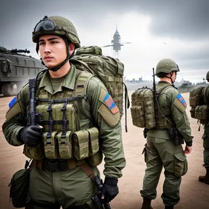 Soldier in Military Uniform, Helmet, and Gun.