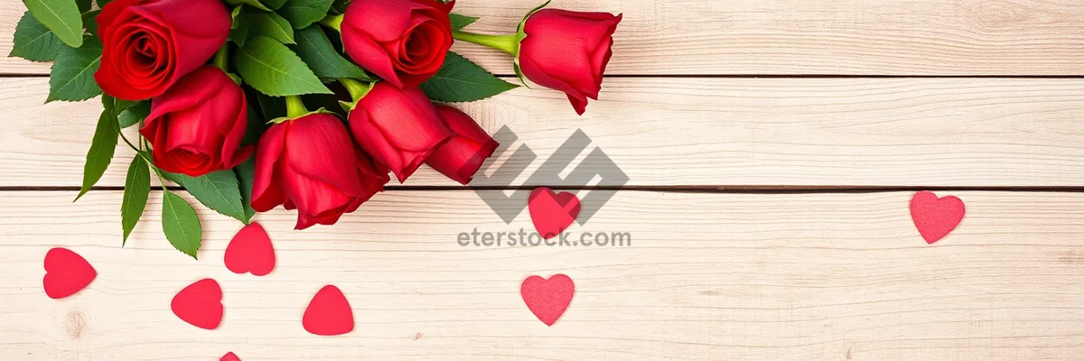 Picture of Romantic flower arrangement with ribbon and petals.