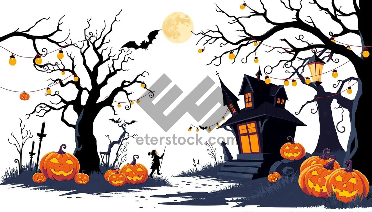 Picture of Spooky Halloween Night with Moon and Bat Silhouette