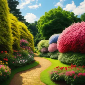 Summer Garden Maze with Tree and Flowers