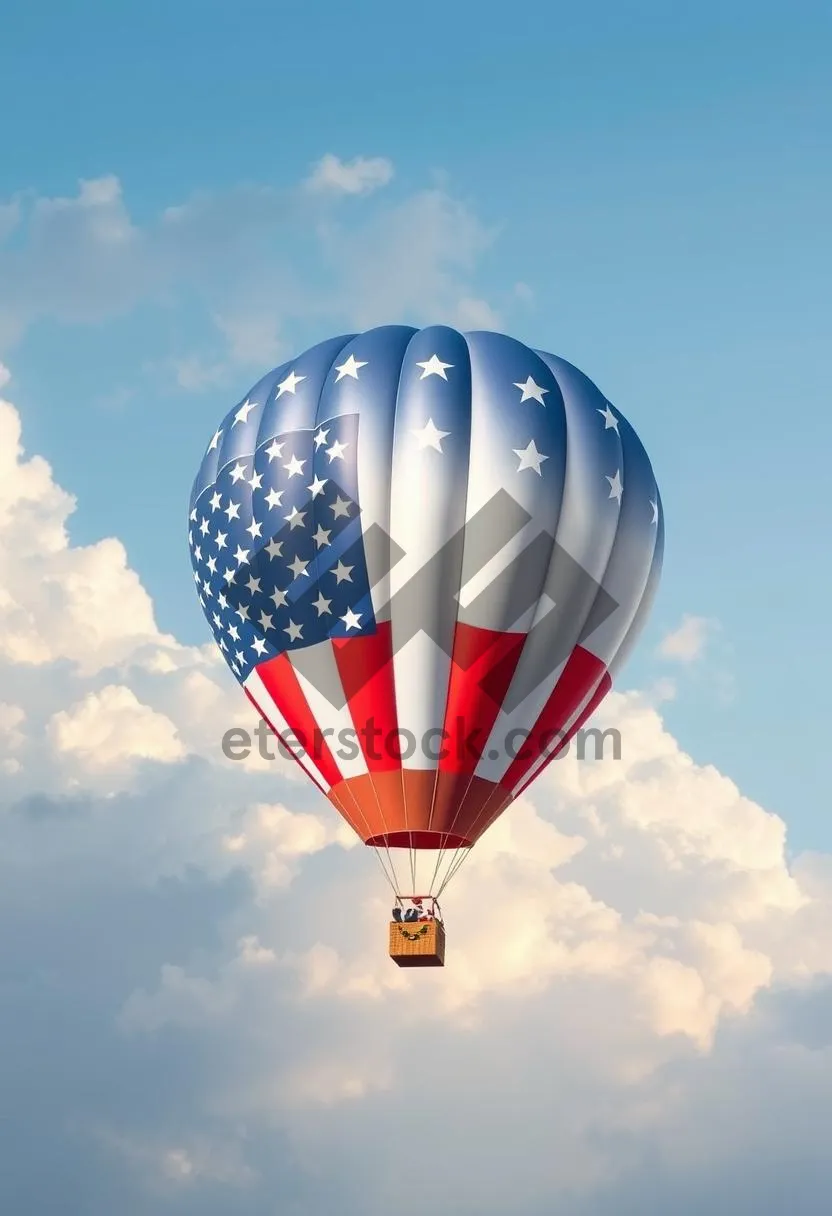 Picture of Colorful hot air balloon flying high in the sky.