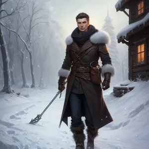 Winter Sportsman With Shovel On Mountain Terrain