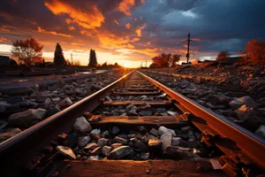 Steel railroad tracks under vast blue sky