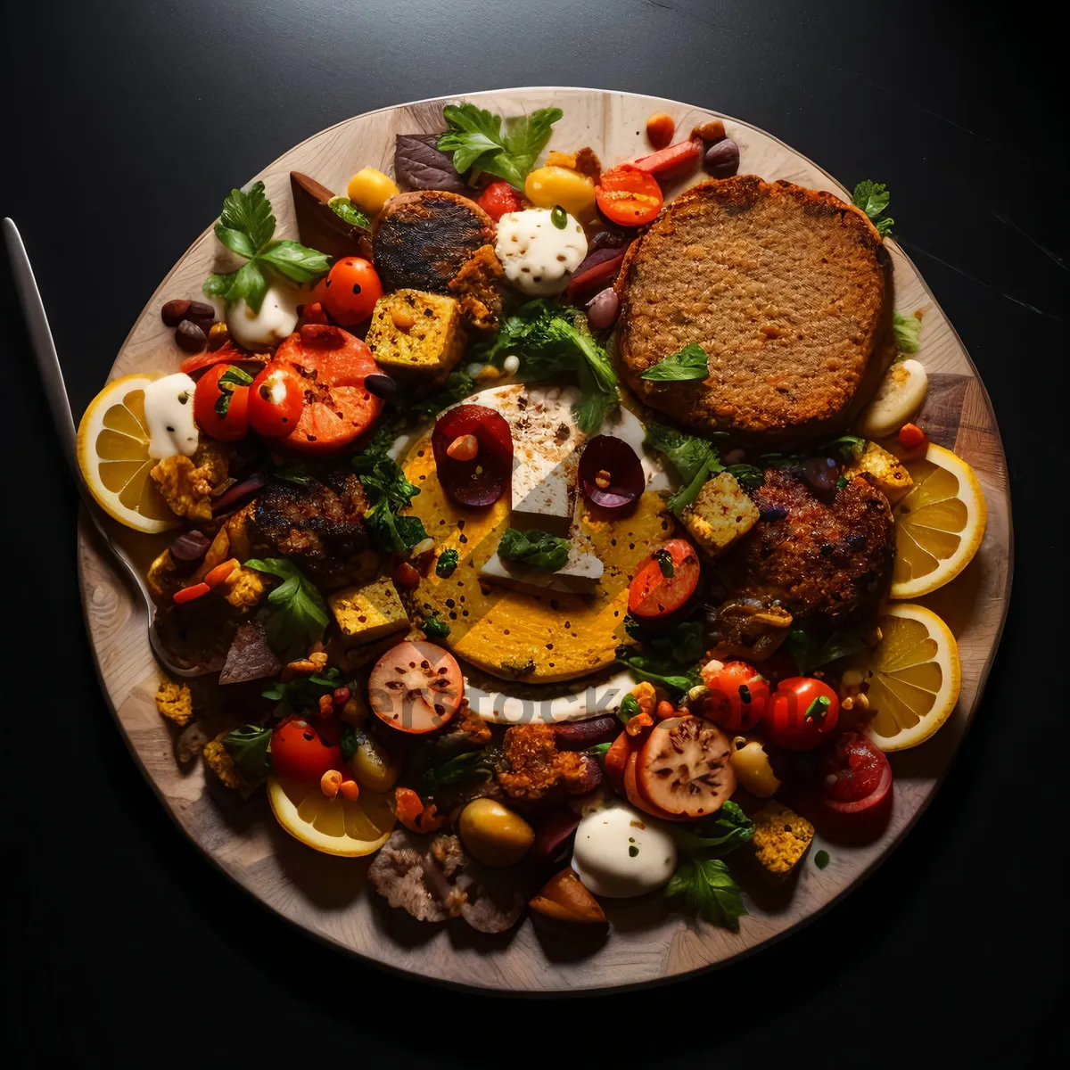 Picture of Fresh vegetable salad with grilled meat and cheese.