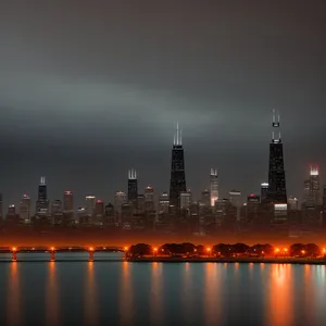 City Lights Reflecting on Waterfront Skyline at Night