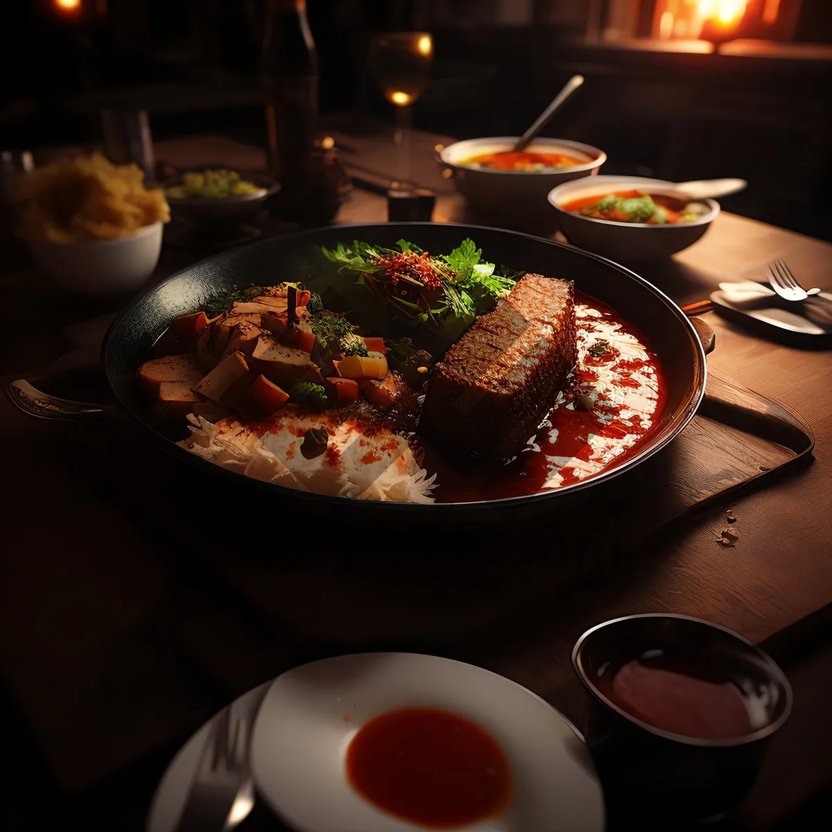 Picture of Gourmet meal on plate at restaurant dinner banquet