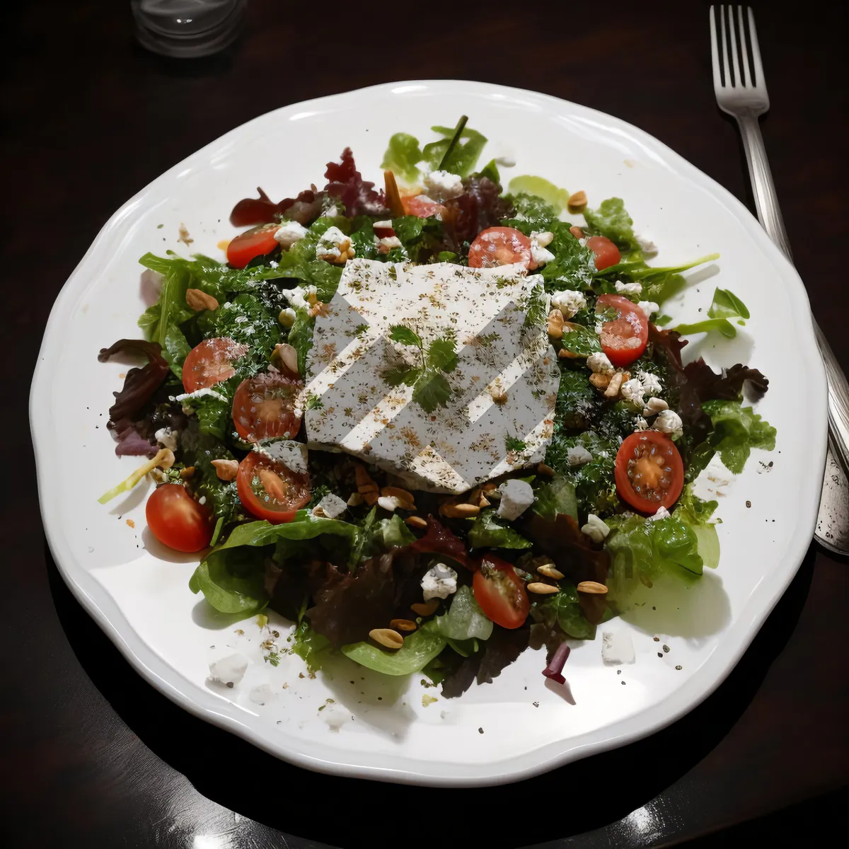 Picture of Fresh vegetable salad with grilled meat and sauce.