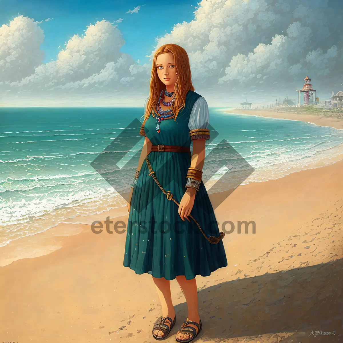 Picture of Happy Couple Walking on Sunny Beach in Sarongs