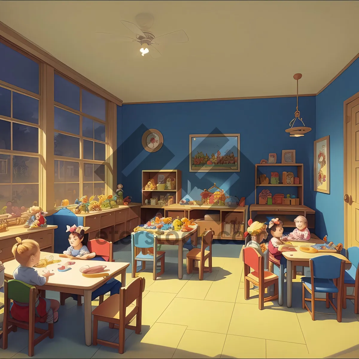 Picture of Modern Classroom Interior with Wooden Furniture