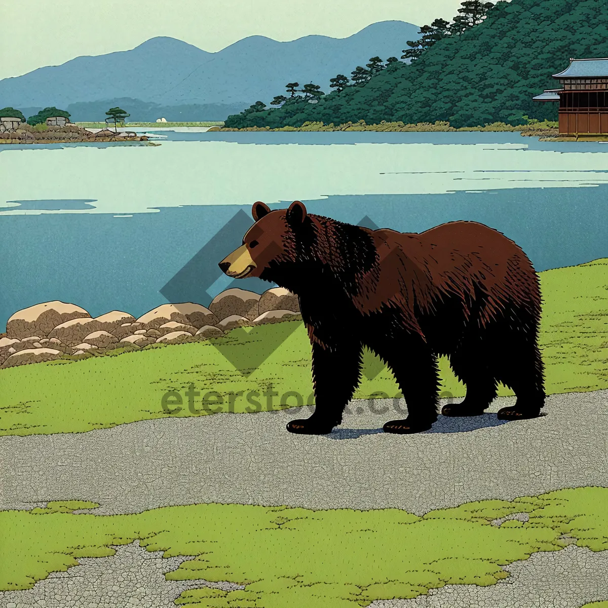 Picture of Brown Bear and Water Spaniel Enjoying Scenic Landscape