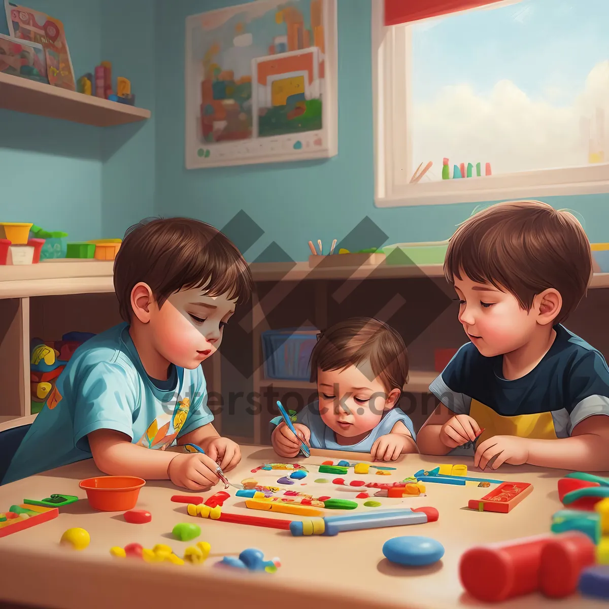 Picture of Happy children learning and playing together in a colorful classroom.