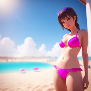 Sensual Beach Pose: Slim Brunette in Bikini