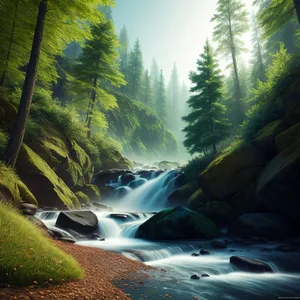 Serenity Falls: Majestic Mountain Stream Cascading Through Forest