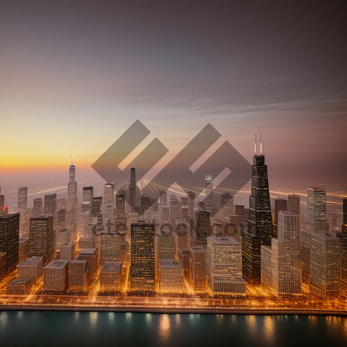 Picture of Stunning Nighttime Riverfront Skyline with Skyscrapers.