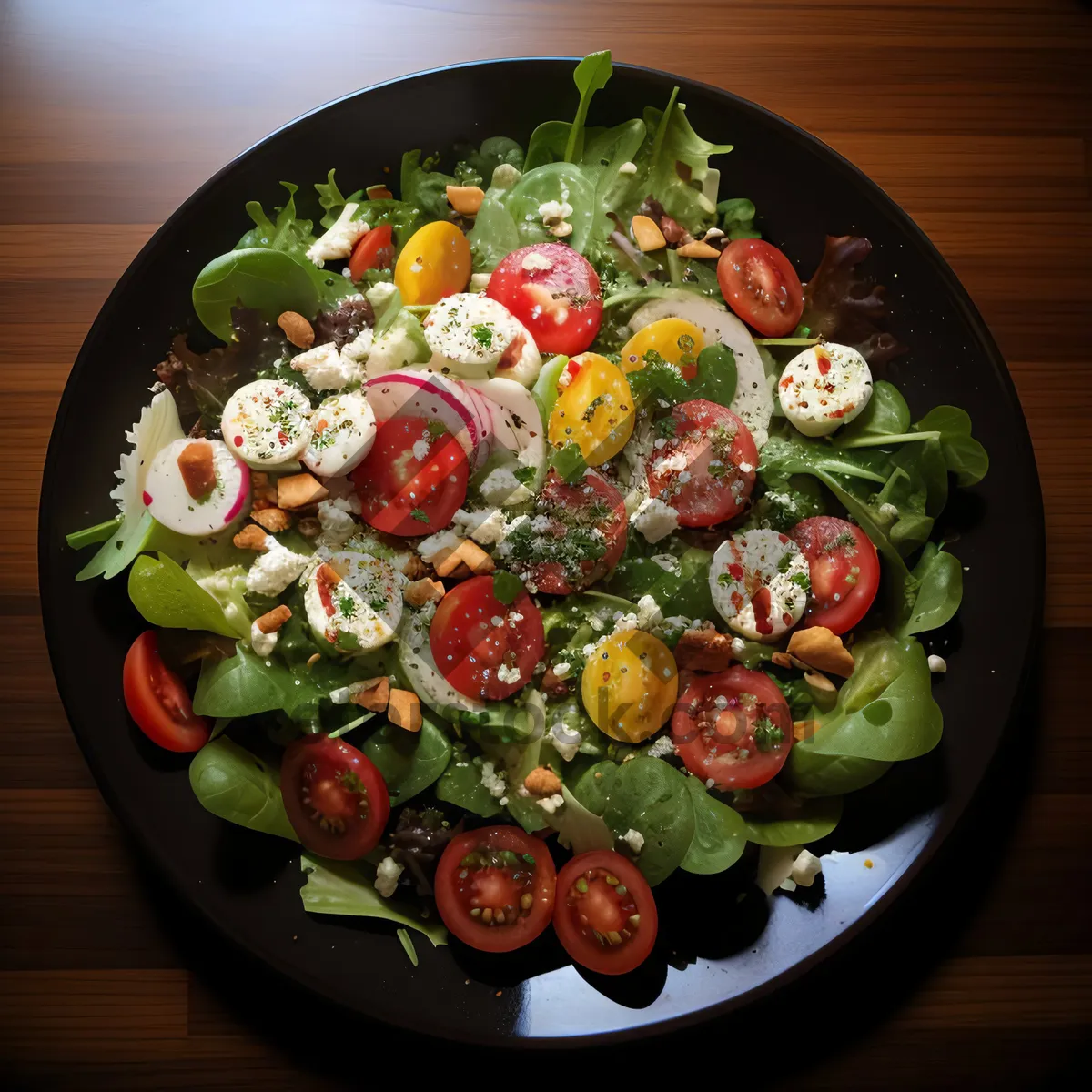 Picture of Fresh Gourmet Salad with Cheese, Tomatoes, and Olives.