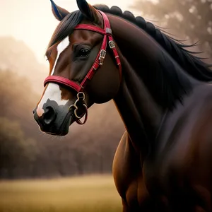 Majestic thoroughbred stallion adorned in brown bridle.