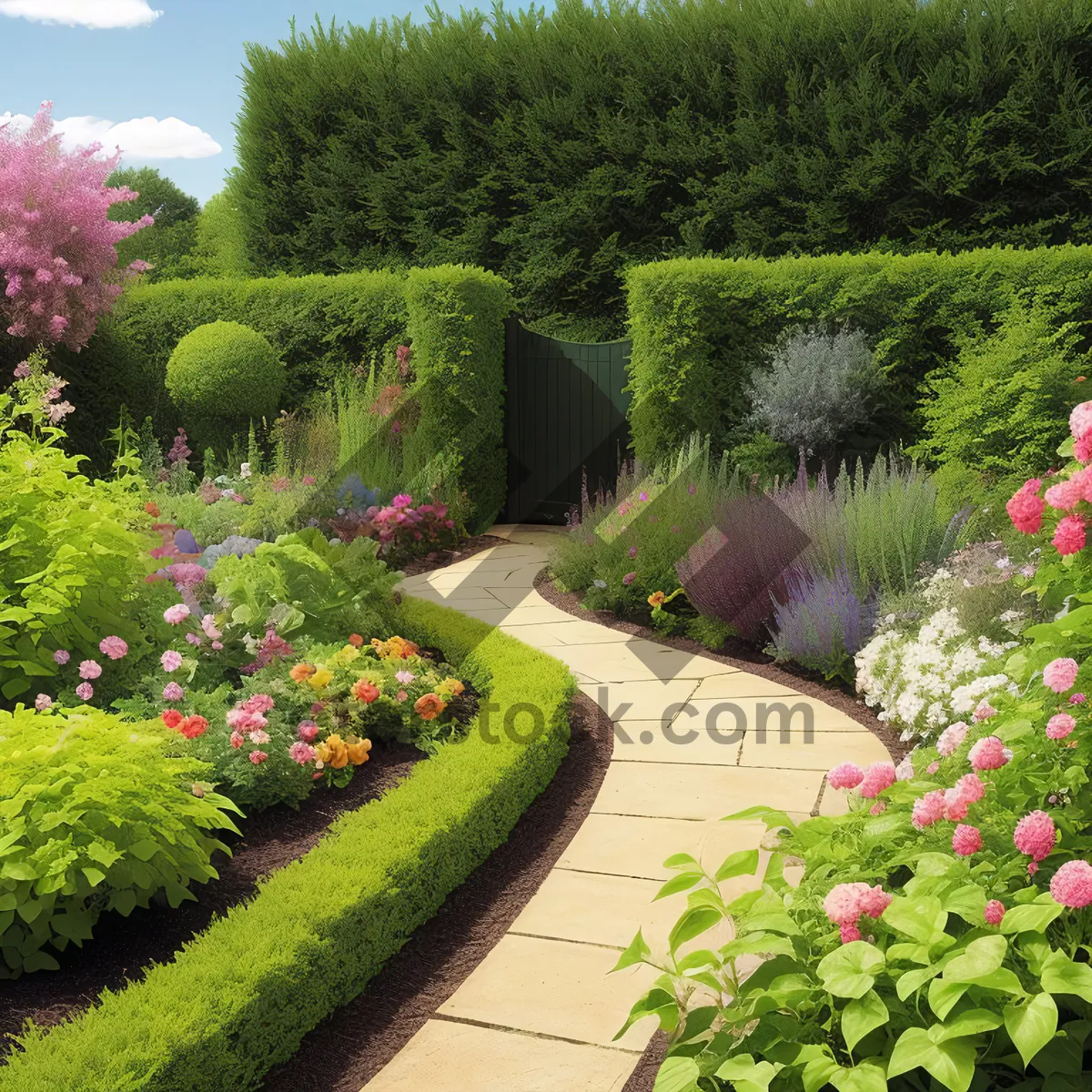 Picture of Idyllic Summer Landscape in Park with Flower Garden and Trees