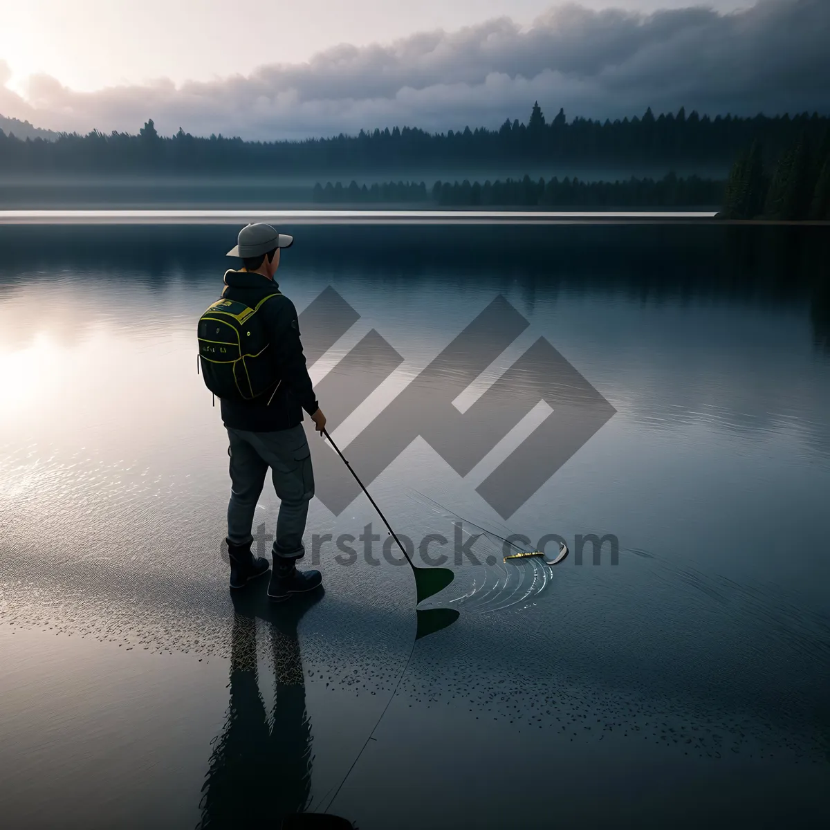 Picture of Outdoor Fishing with Man and Paddle on the Sea