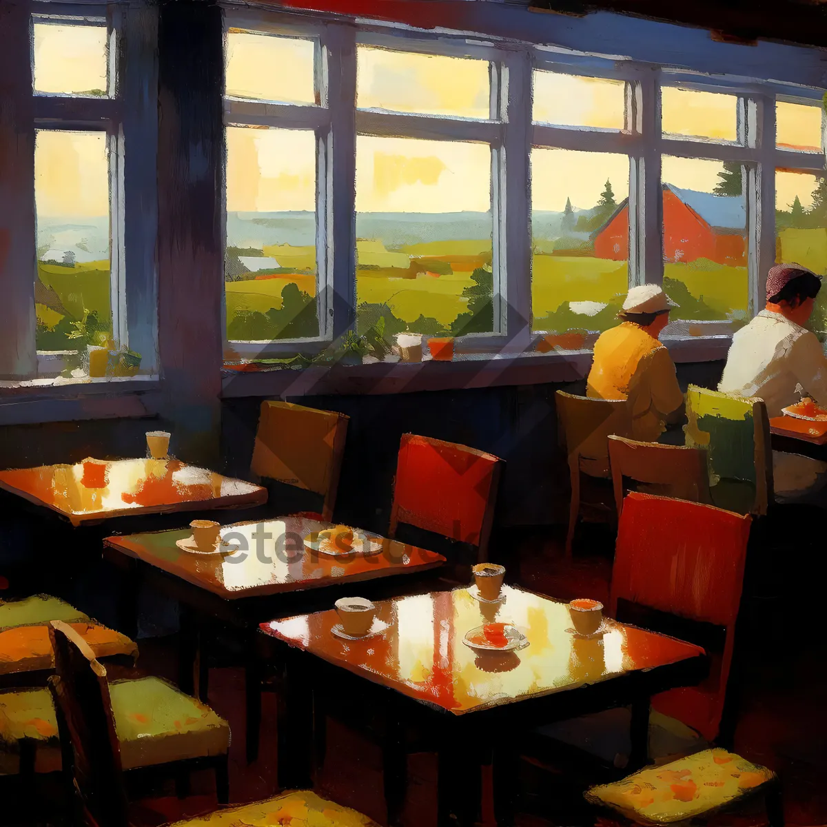 Picture of Modern restaurant interior with wooden furniture and glass windows