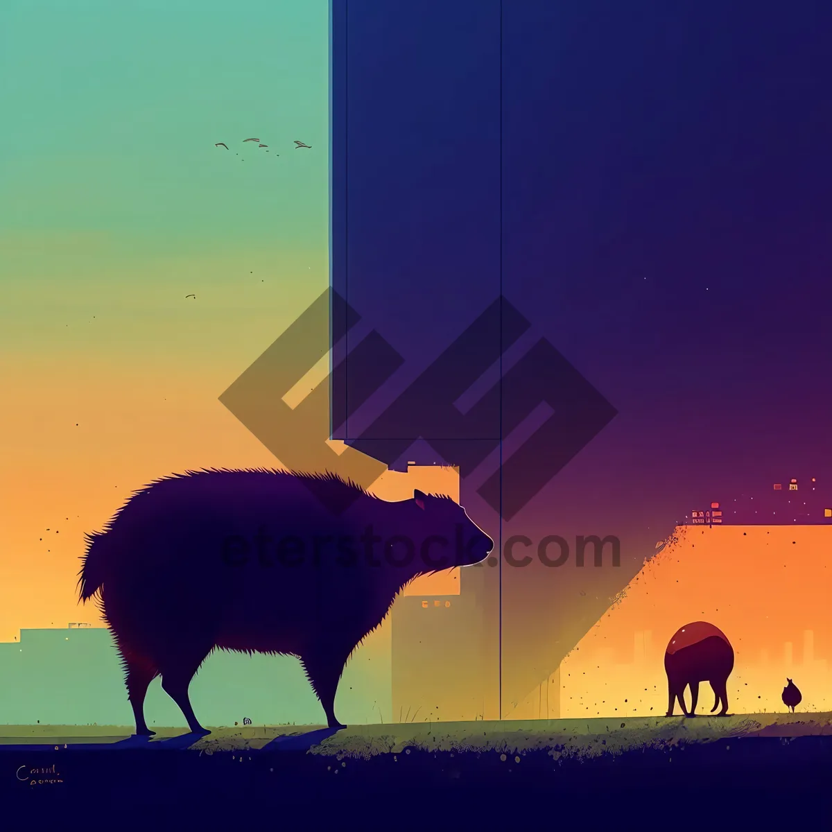 Picture of Idyllic Skyline with Grazing Livestock: Bulls, Cows, and Buffalos by Water's Edge