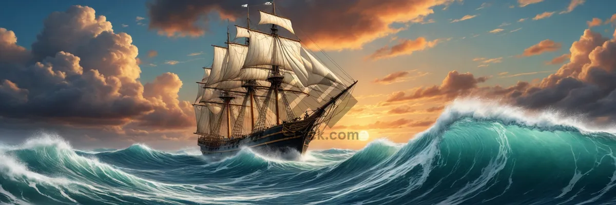 Picture of Sailing ship on the fiery horizon.