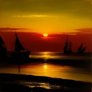 Tropical sunset silhouette over calm ocean waves.