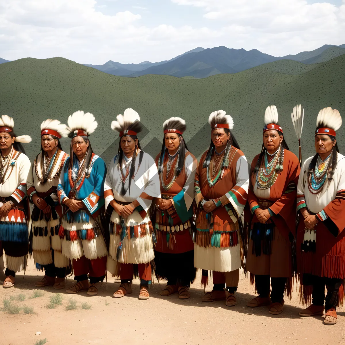 Picture of Active group of men playing mountain drums outdoors.