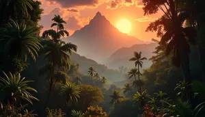 Tropical sunset silhouette with palm trees by the beach