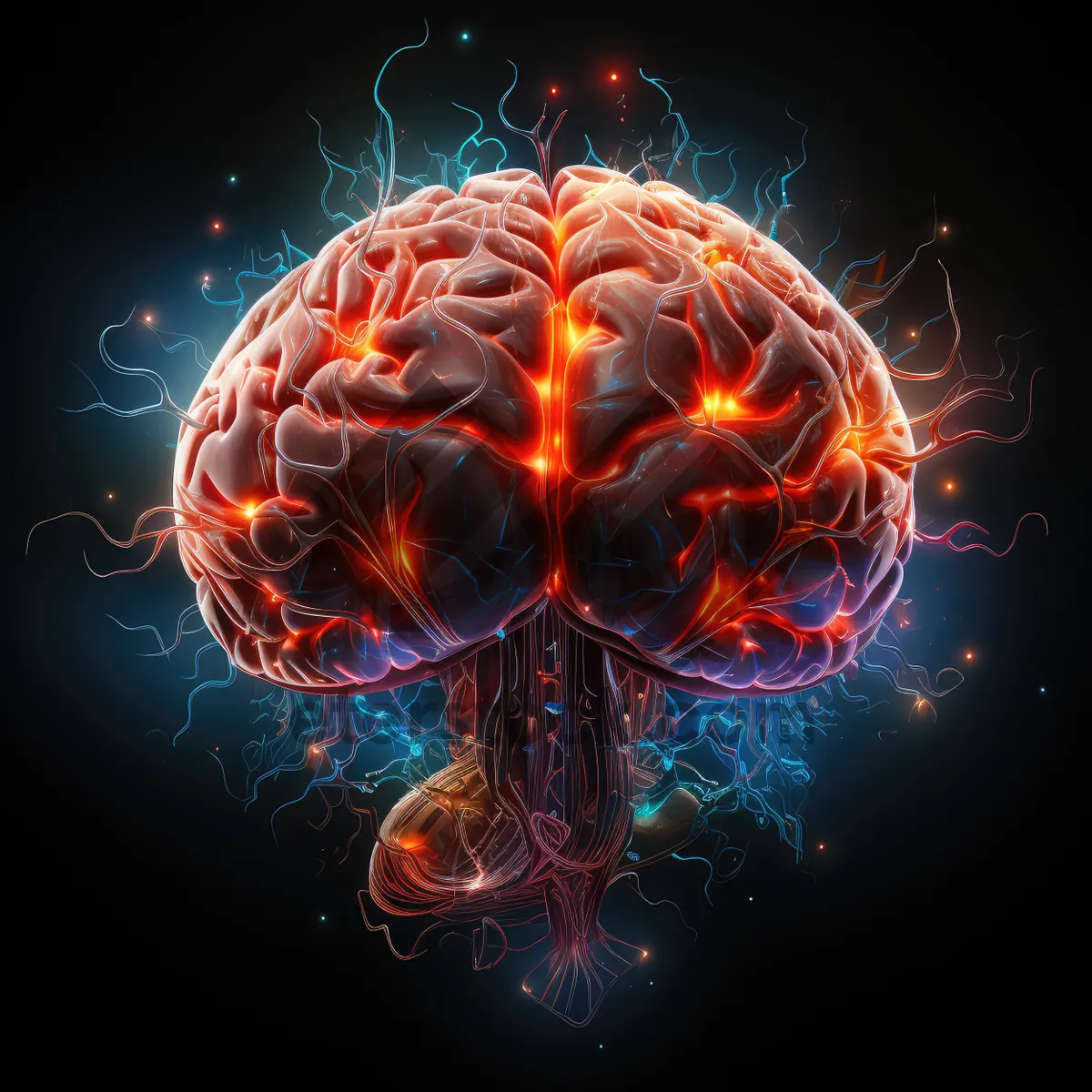 Picture of Science fiction concept of ai. Artificial brain as the most important element of the artificial intelligence system. Electronic chips and memory elements are integrated into the brain structure.