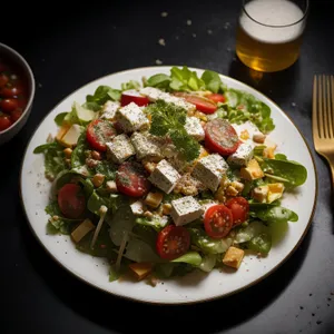 Gourmet Steak Salad with Grilled Vegetables and Spicy Sauce