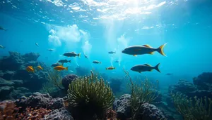 Colorful underwater tropical fish swimming in sun rays.