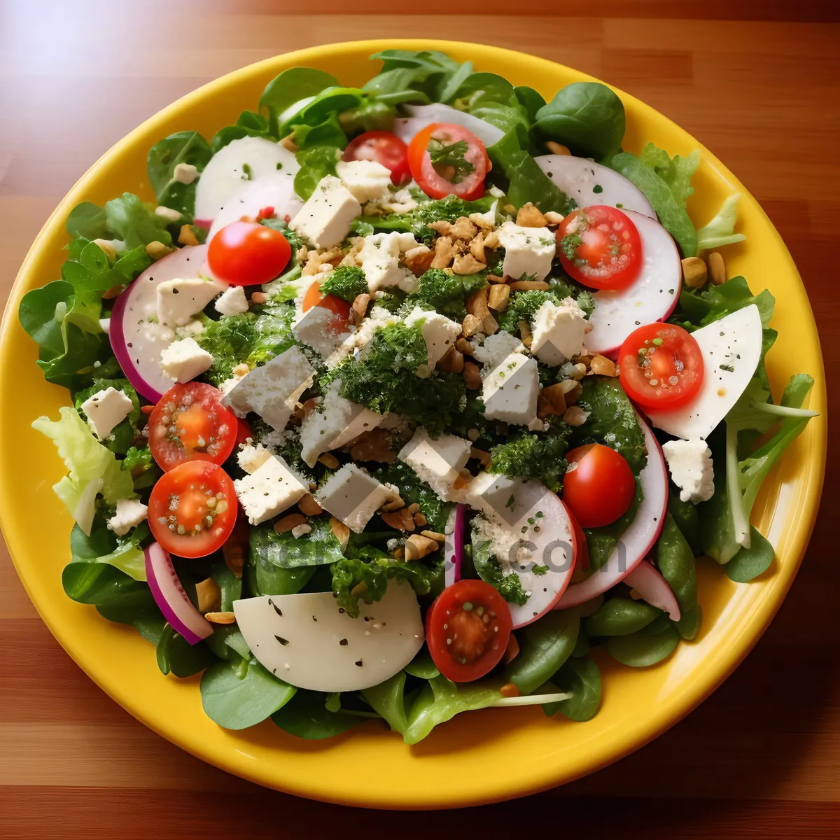 Picture of Fresh, gourmet vegetable salad with cheese and tomatoes.