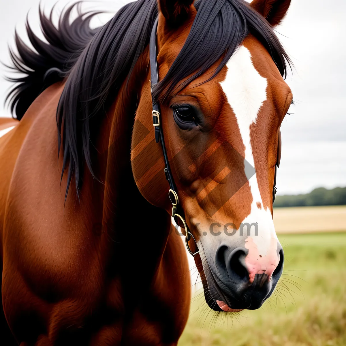 Picture of Elegant chestnut stallion adorned with bridle and headgear in a rural field.