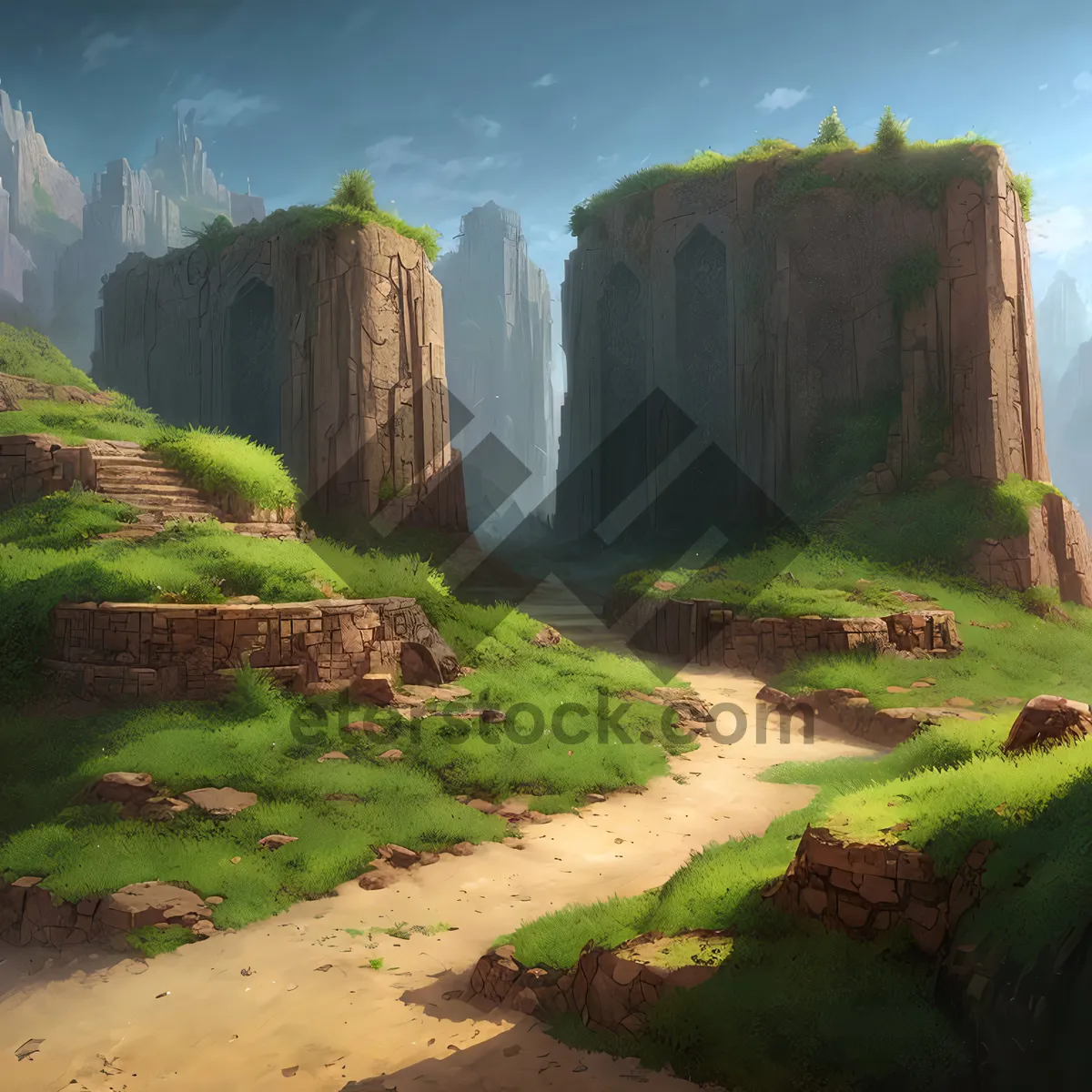Picture of Majestic Mountain Fortress amidst Serene Valley
