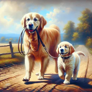 Portrait of cute golden retriever puppy on leash