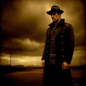 Stylish Male Model in Black Trench Coat and Cowboy Hat