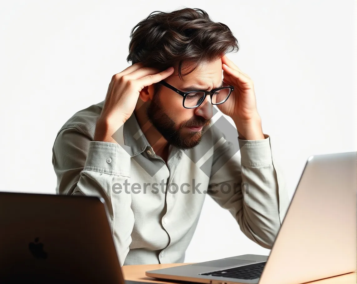 Picture of Happy businesswoman working at laptop in office.