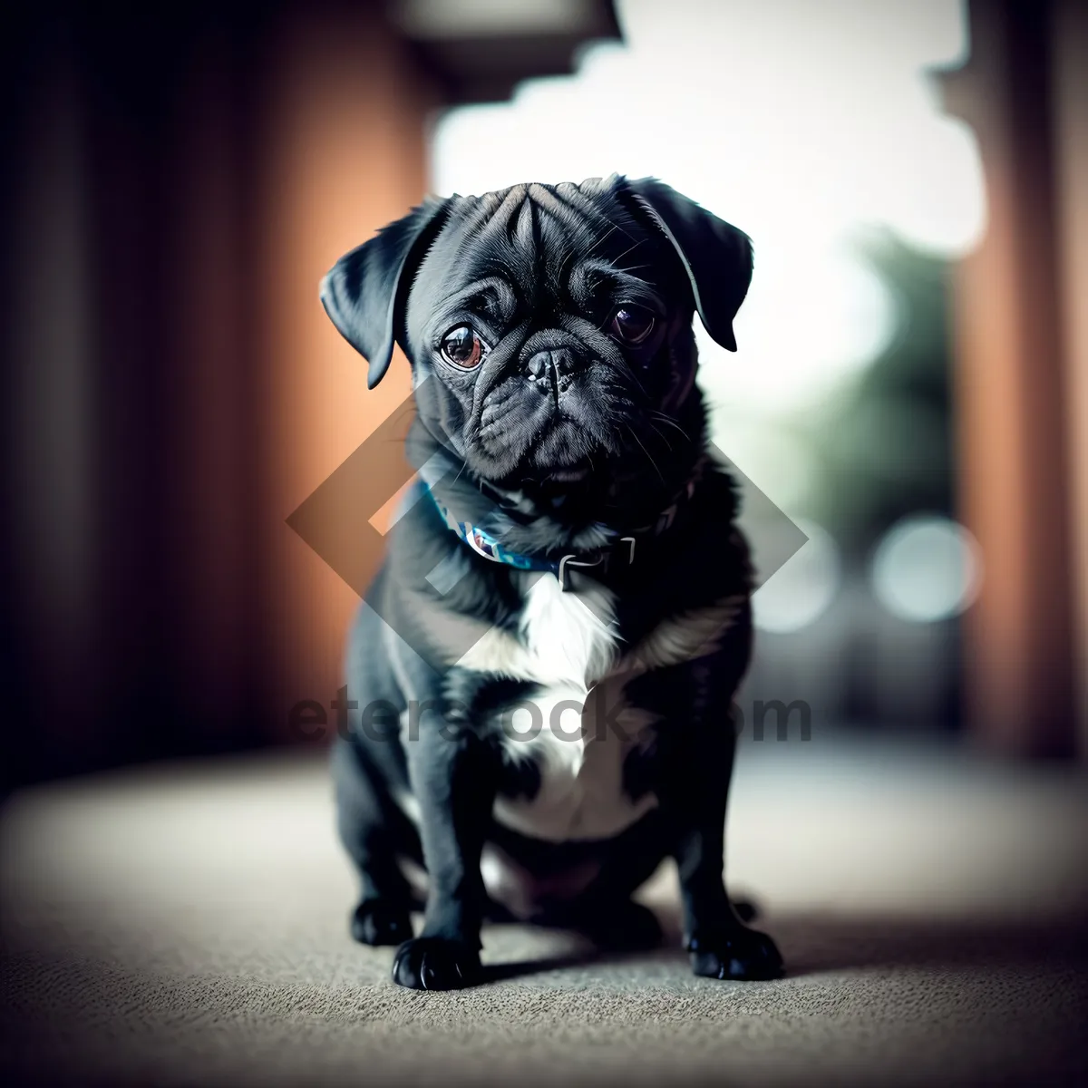 Picture of Adorable Pug Puppy Sitting for Portrait in Studio