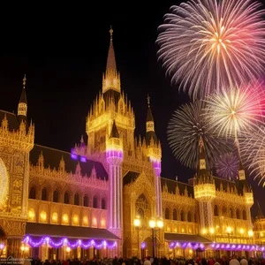 Nighttime Skyline with Iconic Cathedral and Fireworks