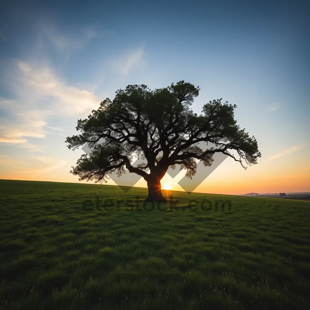 Picture of Lonely Oak Tree in Summer Sky Landscape.