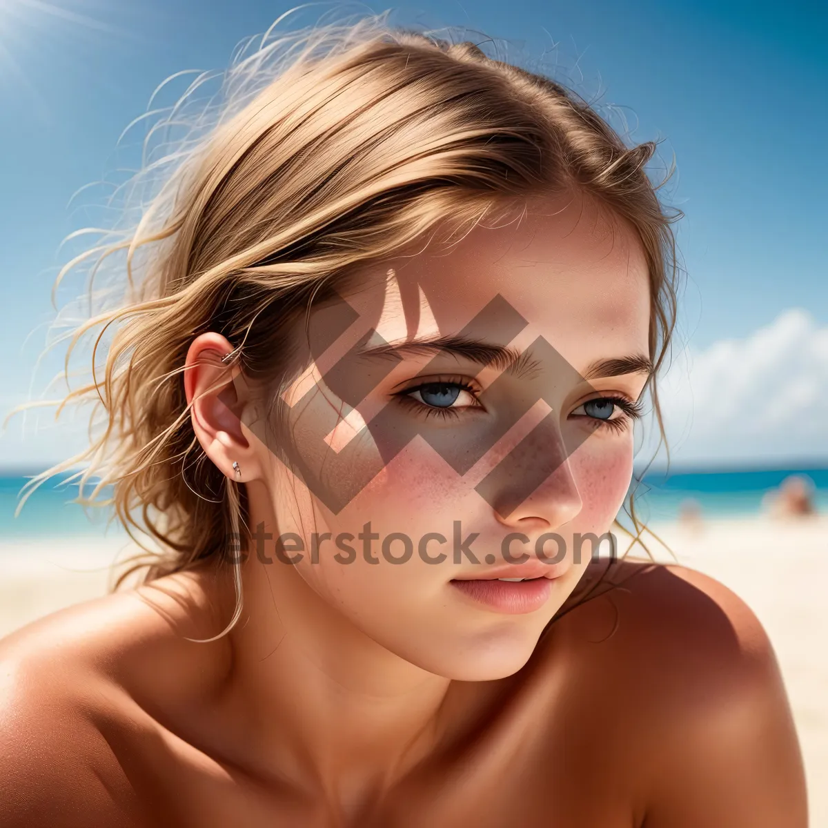 Picture of Sensual Beach Beauty: Happy and Attractive Model with Sunscreen