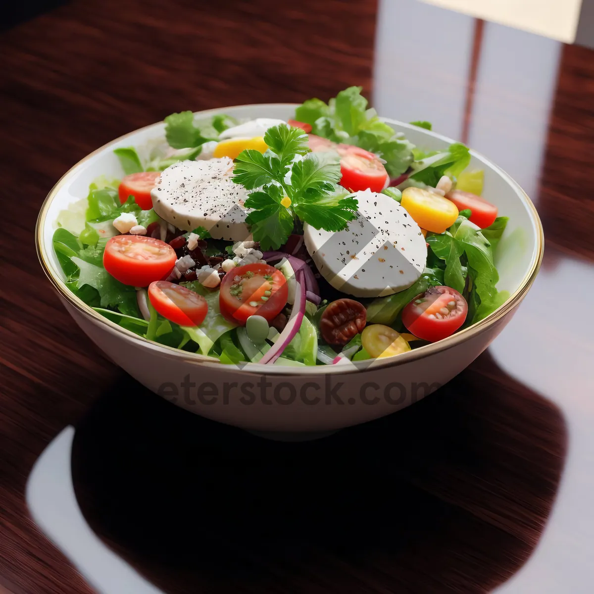 Picture of Fresh vegetable salad with cherry tomatoes and cheese slice.